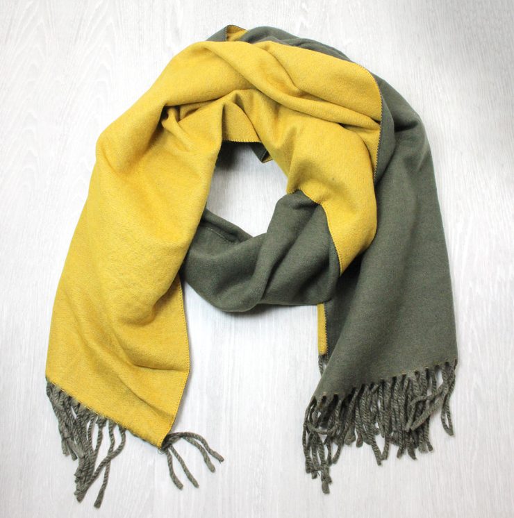 A photo of the Two Tone Scarf in Olive and Mustard product
