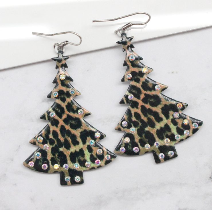 A photo of the Leopard Christmas Tree Earrings product