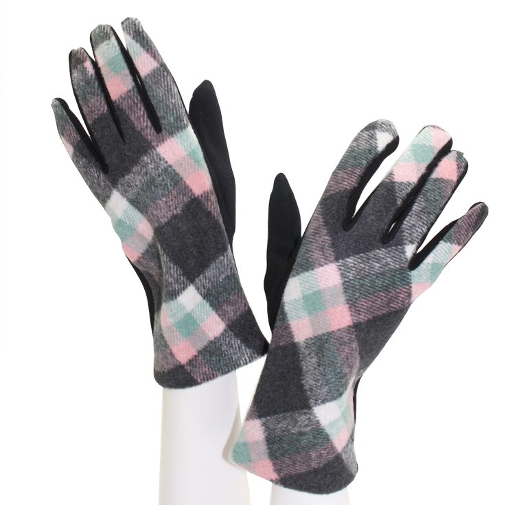 A photo of the Grey and Pink Diagonal Plaid Gloves product