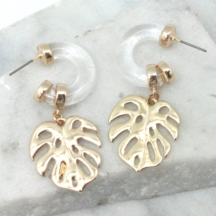 A photo of the Acrylic Leaf Hoop Earrings product