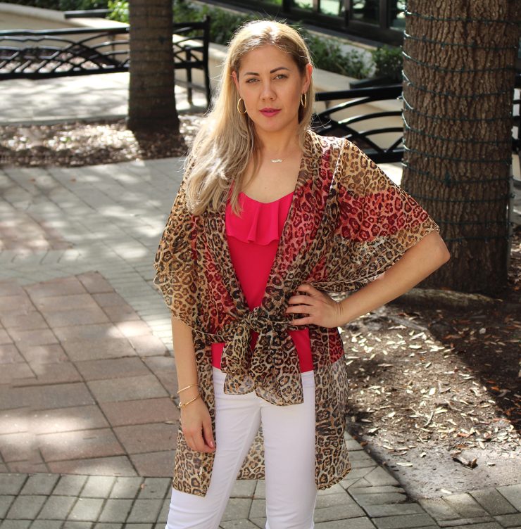 A photo of the Sheer Leopard Kimono product