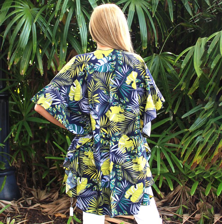 A photo of the Tropical Leaves Ruffle Kimono product