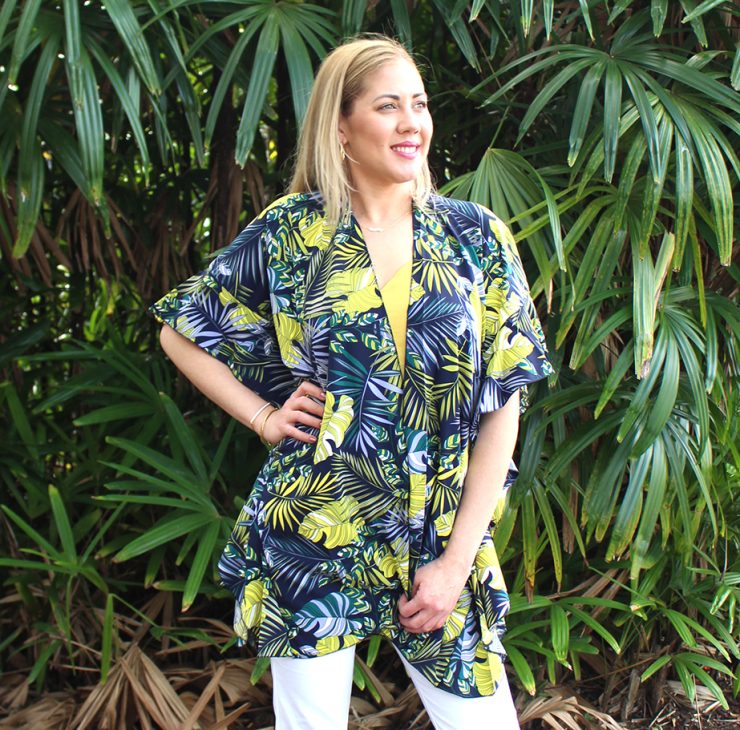 A photo of the Tropical Leaves Ruffle Kimono product