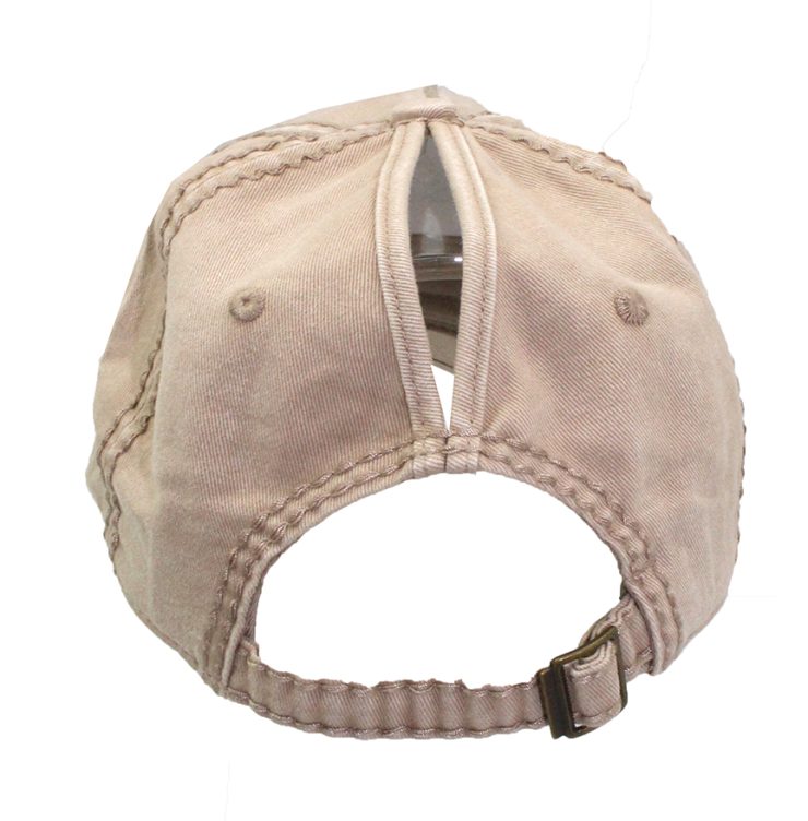 A photo of the Lily Rhinestone Ponytail Baseball Cap in Tan product