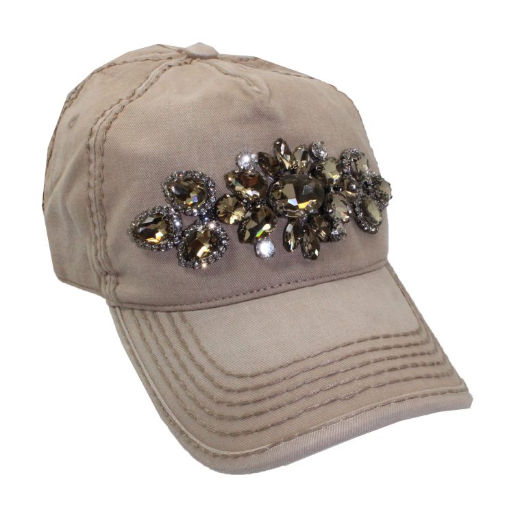 A photo of the Lily Rhinestone Ponytail Baseball Cap in Tan product