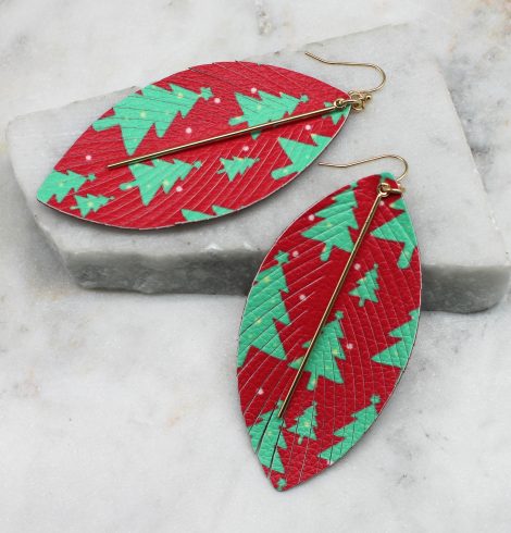 A photo of the Christmas Tree Feather Earrings product