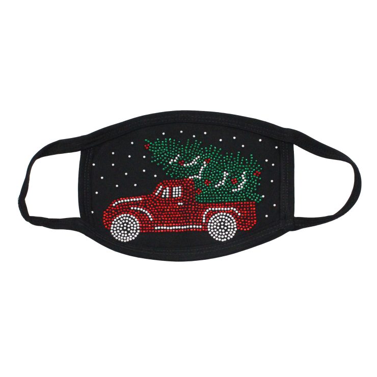 A photo of the Christmas Tree Truck Rhinestone Face Mask product