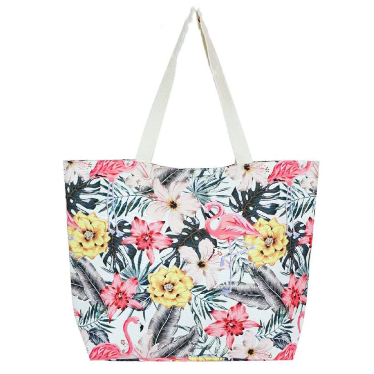 A photo of the Tropical Hibiscus Flamingo Tote product