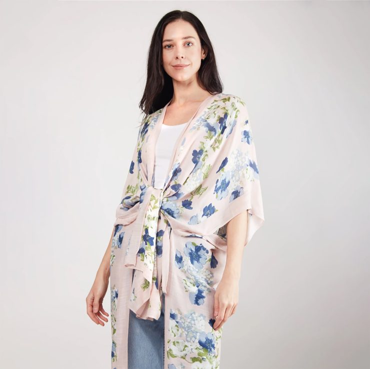 A photo of the Blue Floral Print Kimono product
