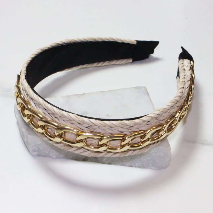 A photo of the Gold Chain Headband In Beige product