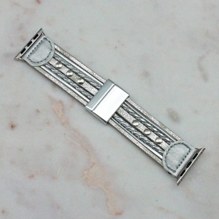 A photo of the Silver Faux Leather Apple Watch Band product