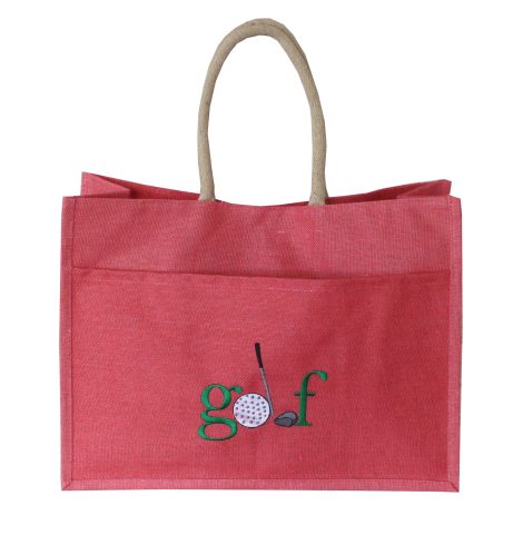 A photo of the Jute Golf Tote In Coral product