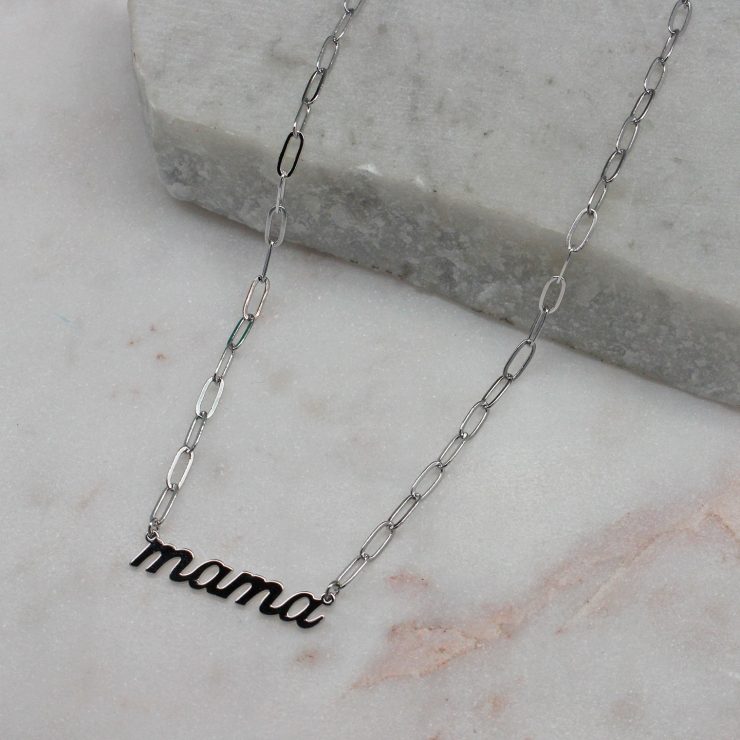 A photo of the Mama Paper Clip Necklace In Silver product