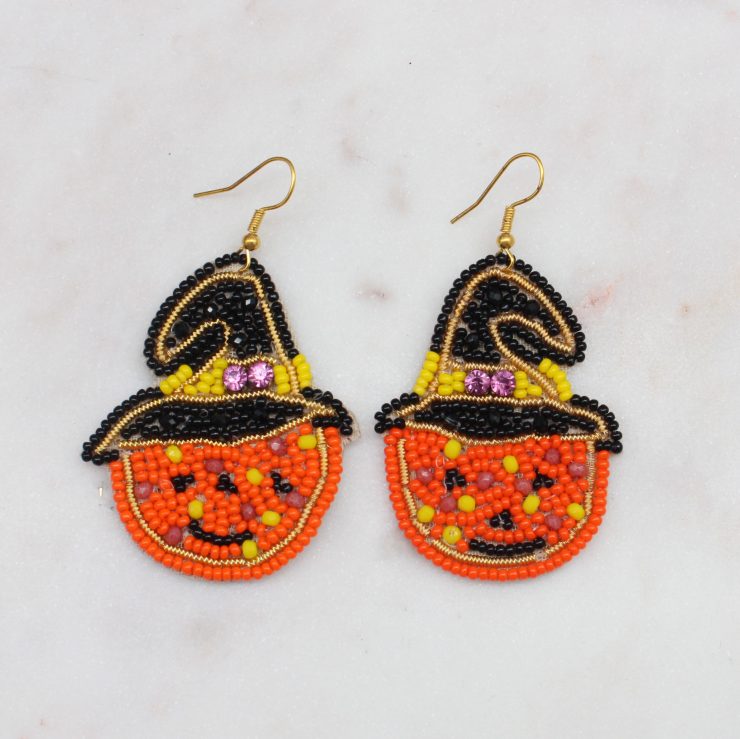 A photo of the Beaded Jack-O-Lantern Earrings product