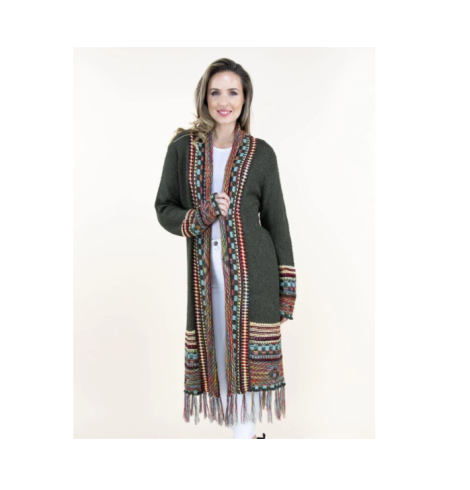 A photo of the Aztec Tribal Cardigan With Fringe Bottom product