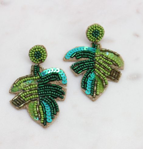 A photo of the Teal & Green Beaded Palm Earrings product