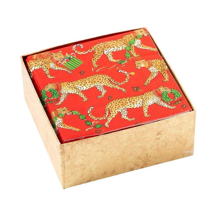 A photo of the Christmas Leopards Boxed Cocktail Napkins in Red product