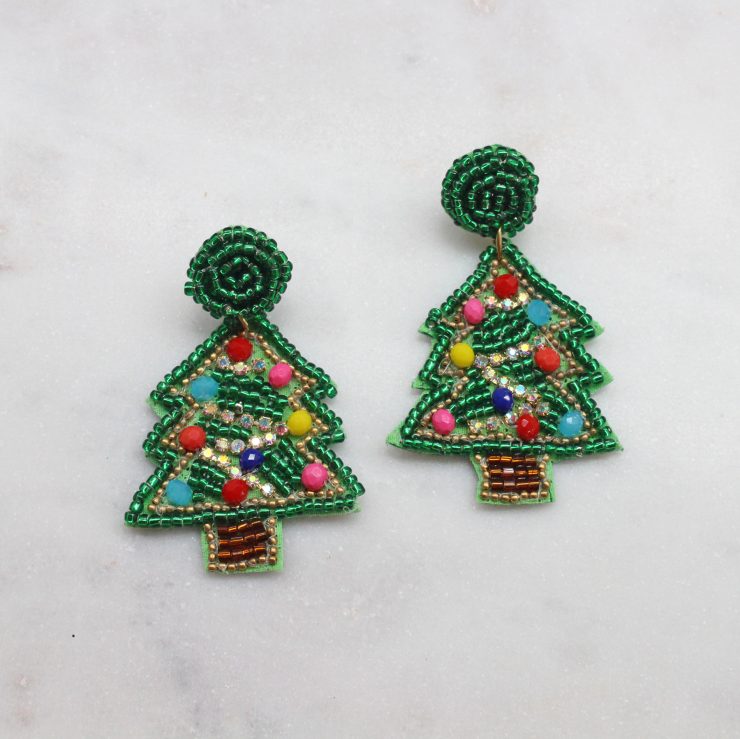 A photo of the Beaded Christmas Tree Earrings product