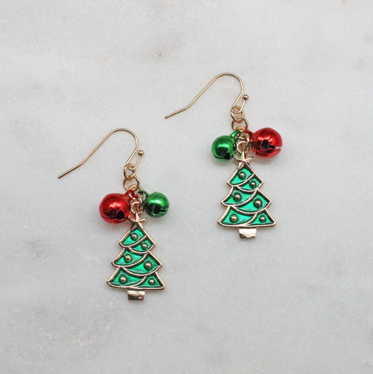 A photo of the Jingle Bell Tree Earrings product