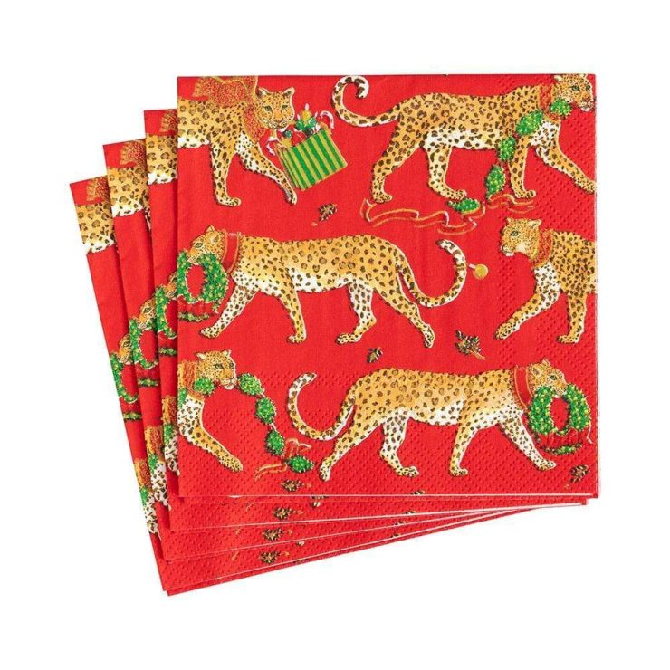 A photo of the Christmas Leopard Cocktail Napkins In Red product