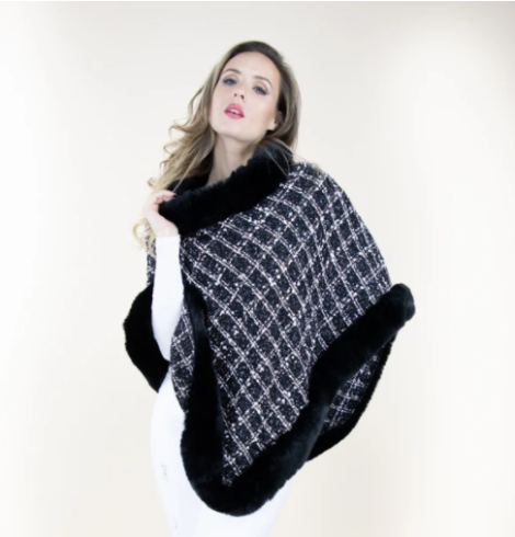 A photo of the Tweed Faux Fur Trim Poncho In Black product