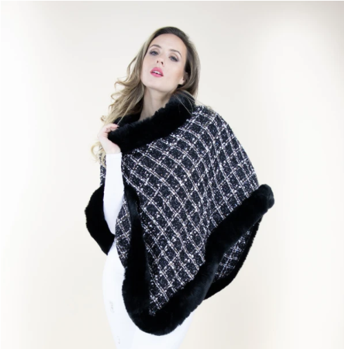 A photo of the Tweed Faux Fur Trim Poncho In Black product