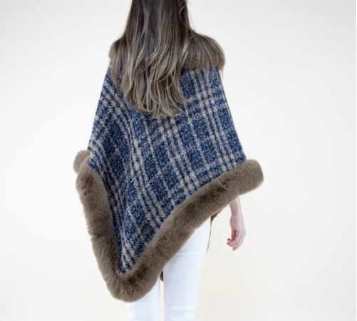A photo of the Plaid Faux Fur Trimmed Poncho product