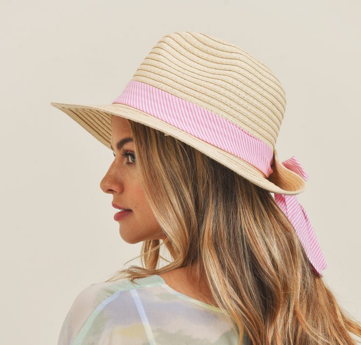A photo of the Pink Striped Bow Hat In Beige product
