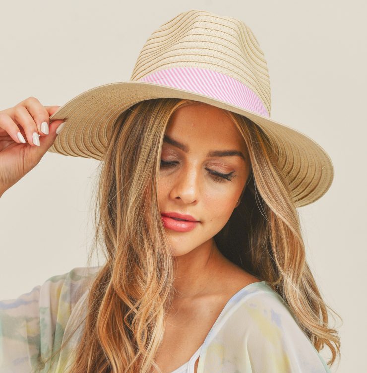 A photo of the Pink Striped Bow Hat In Beige product