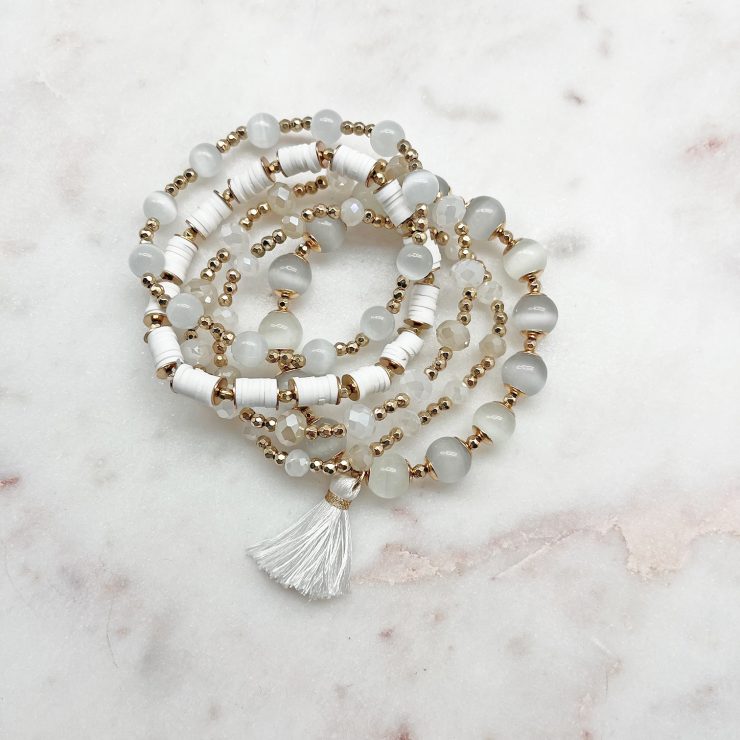 A photo of the Beaded Bracelet Stack In White product