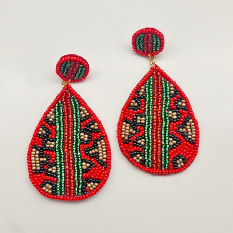 A photo of the Red Leopard Beaded Earrings product