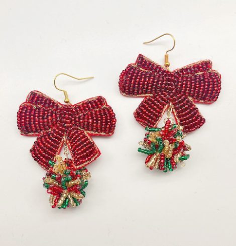 A photo of the Beaded Christmas Bow Earrings product