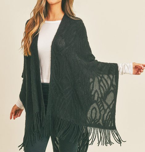 A photo of the Embossed Pattern Fringe Ruana In Black product