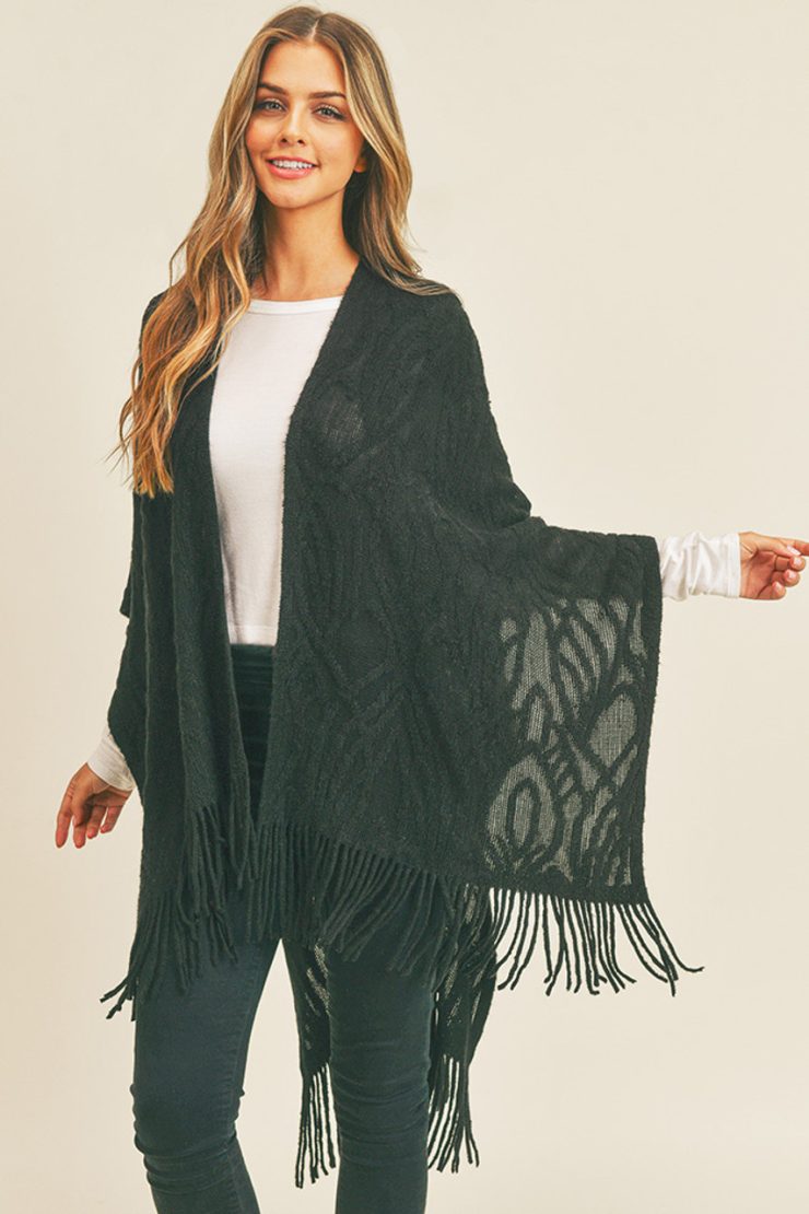 Embossed Pattern Fringe Ruana In Black - Best of Everything | Online ...
