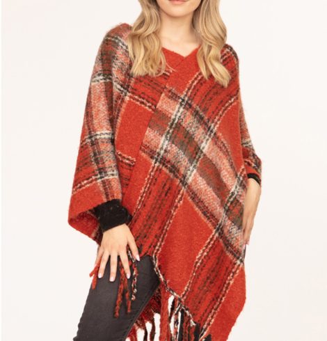 A photo of the Multi Color Plaid Poncho In Clay product