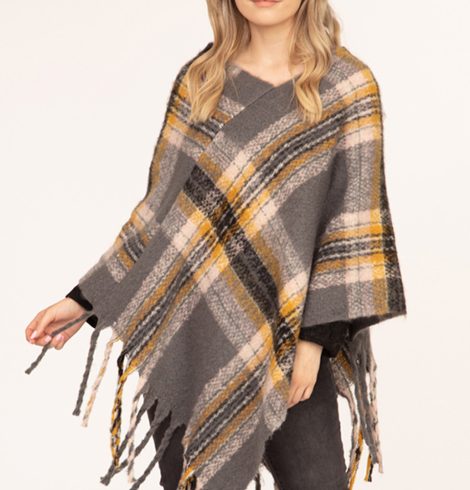 A photo of the Multi Color Plaid Poncho In Grey product