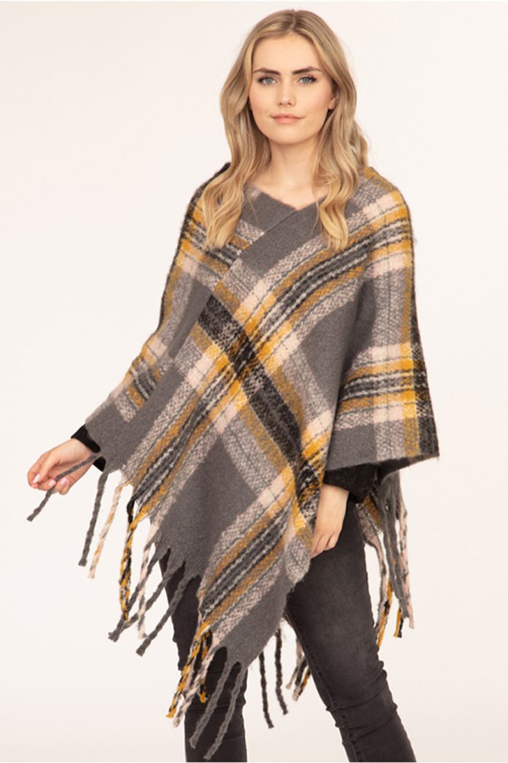 A photo of the Multi Color Plaid Poncho In Grey product