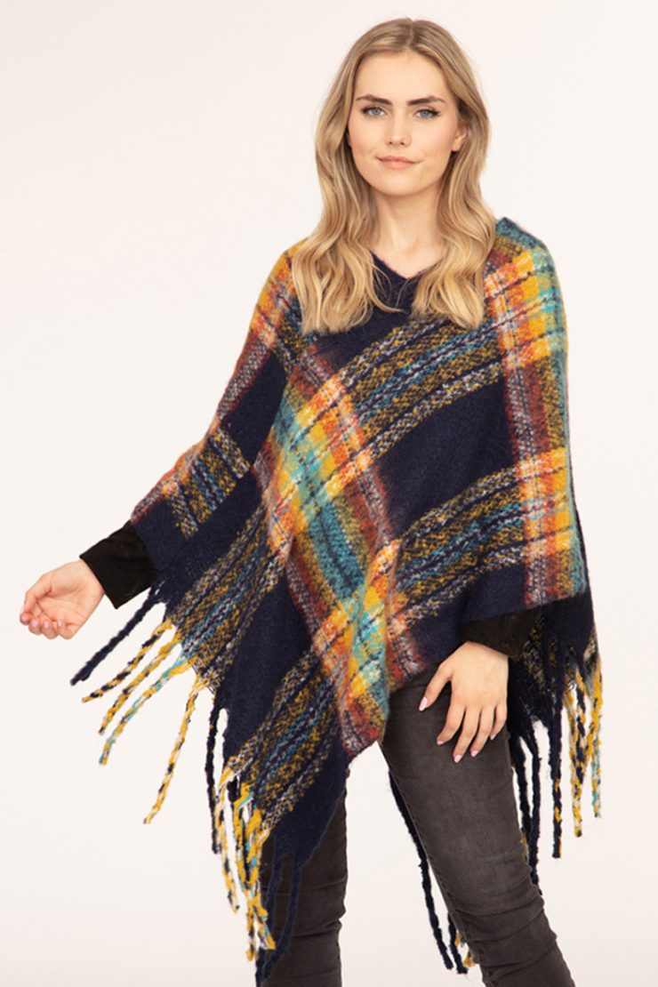 A photo of the Multi Color Plaid Poncho In Navy product