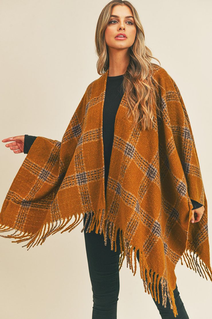 A photo of the Plaid Ruana In Mustard product