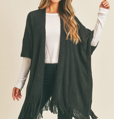 A photo of the Trim Detail Fringe Kimono In Black product