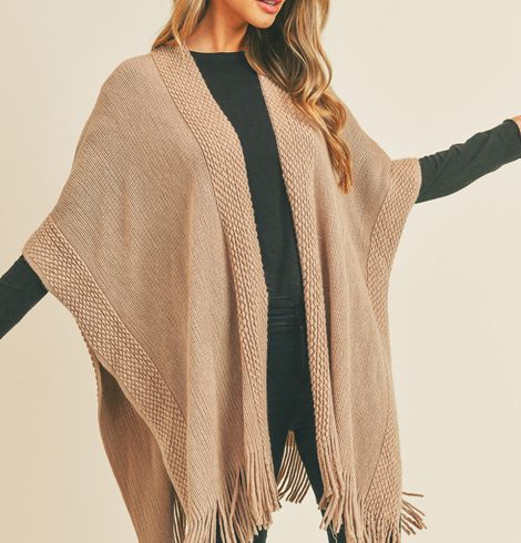 A photo of the Trim Detail Fringe Kimono In Taupe product