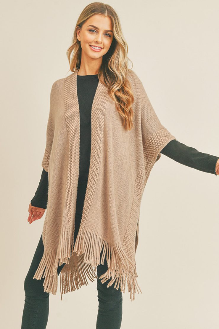 A photo of the Trim Detail Fringe Kimono In Taupe product