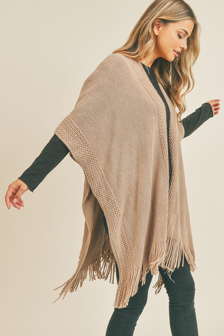 A photo of the Trim Detail Fringe Kimono In Taupe product