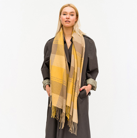 A photo of the Plaid Oblong Scarf In Mustard product