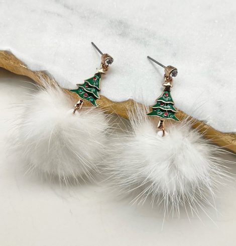 A photo of the Pom Pom Christmas Tree Earrings product