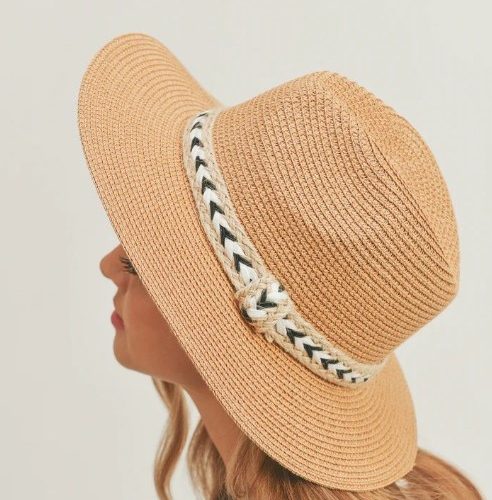 A photo of the Black & White Braided Jute Panama Hat In Tan product