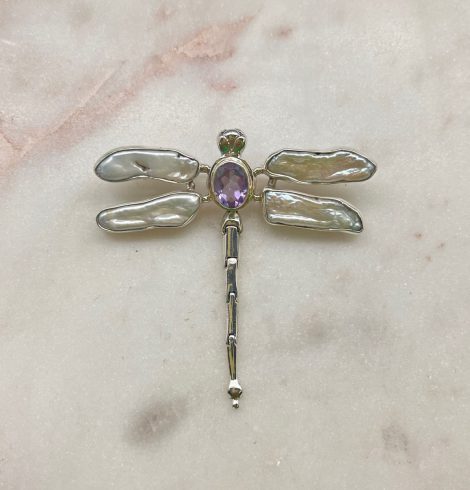 A photo of the Amethyst & Mother of Pearl Dragonfly Pendant product