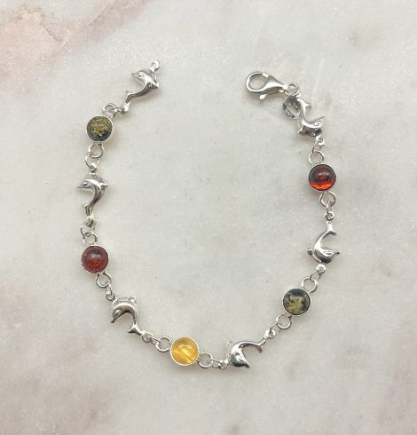 A photo of the Dolphin & Multicolored Amber Sterling Bracelet product