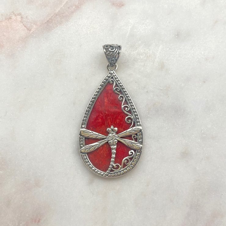 A photo of the Red Shell & Sterling Silver Dragonfly Pendant product