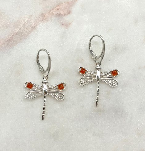 A photo of the Sterling Silver & Amber Dragonfly Earrings product